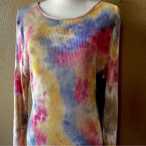 Boho Thermal Long Sleeve Colorful Tie-Dye Ribbed Ruffle Hem Dress